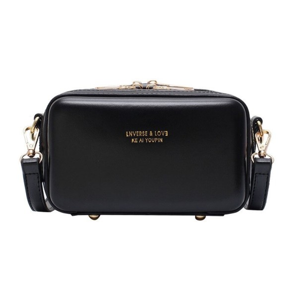 Borsa a tracolla da donna a forma di scatola Chiusura con zip Piedini metallici Tracolla regolabile con moschettoni PU pelle 17 x 10 x nero