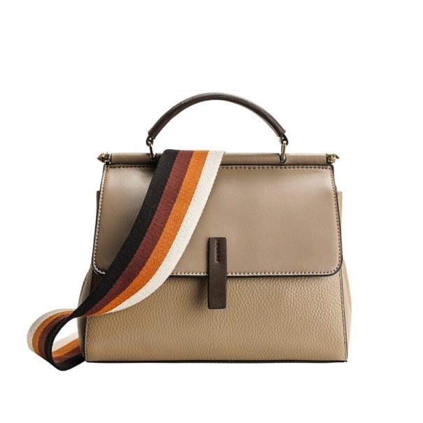 Borsa a tracolla da donna con manico superiore e patta con linguetta Cinghia a righe larga con moschettoni Vera pelle 22,5 x 18 x 12 cm kaki