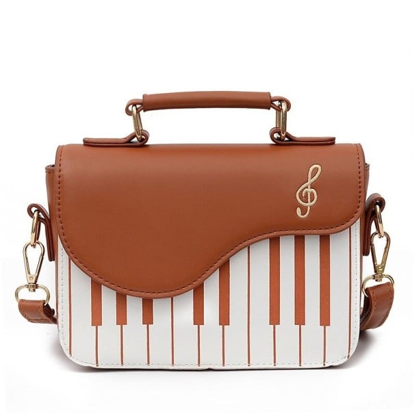 Borsa a tracolla da donna con motivo dei tasti del pianoforte e chiave di violino Manico a mano e tracolla PU pelle e poliestere 20 x 15 x 8 marrone