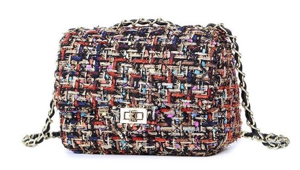 Borsa a tracolla da donna con patta e tracolla a catena Tessuto strutturato con aspetto tweed Chiusura metallica Lana e pelle PU arcobaleno S