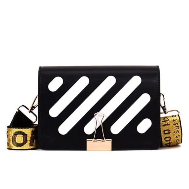 Borsa a tracolla da donna con strisce diagonali a contrasto Clip decorativa sulla patta Larga tracolla in PU e poliestere 19 x 15 x 7 cm nero
