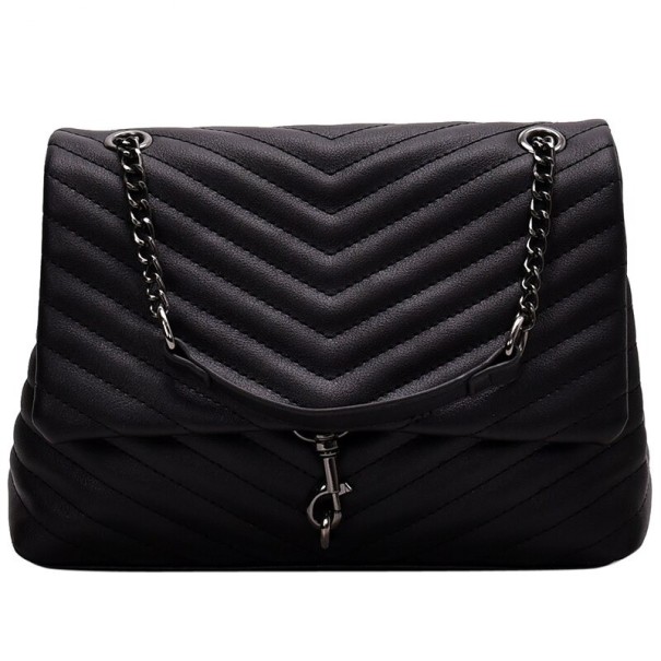 Borsa a tracolla nera da donna trapuntata con patta Catena in metallo scuro Moschettone decorativo Pelle sintetica PU 26 x 20 x 10 cm 1
