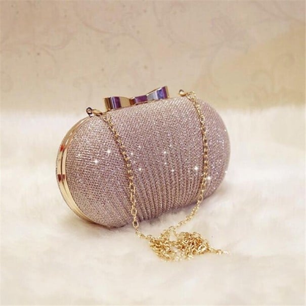 Borsa a tracolla scintillante da donna con catena Clutch ovale con fiocco metallico PU pelle 20 x 12 x 4 cm Rosa dorato 1