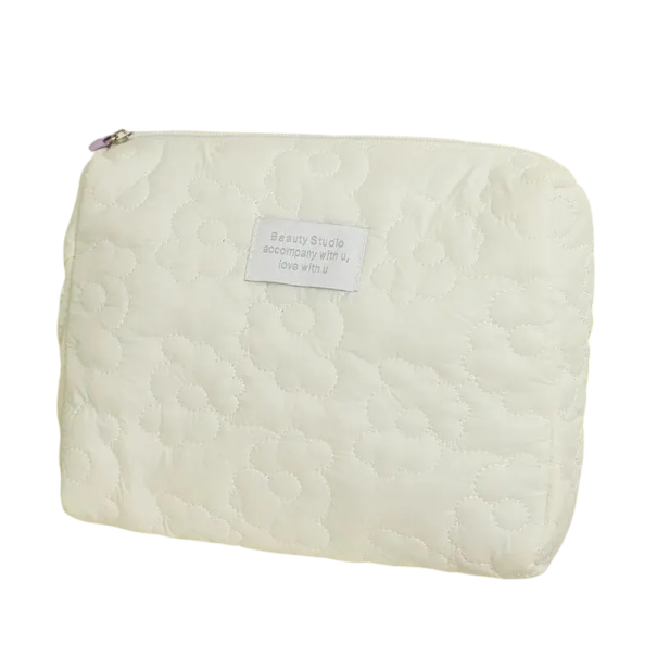 Borsa cosmetica grande ricamata 24 x 18 x 7 cm Borsa da viaggio per trucco impermeabile Borsa da donna portatile in poliestere con zip bianco