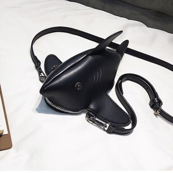 Borsa da donna a forma di squalo Piccola borsa crossbody con tracolla Tracolla regolabile con moschettoni Chiusura con zip Pelle PU 20 x 8 x nero