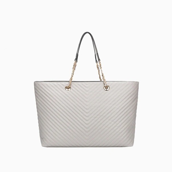 Borsa shopper da donna in pelle sintetica Trapuntatura a forma di V Manici con catena e occhielli dorati Grande forma spaziosa 39 x 28 x grigio chiaro