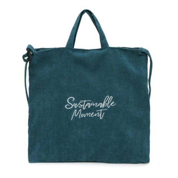 Borsa in velluto a coste da donna a spalla e a mano 39 x 37 x 4 cm Due manici corti Cinghia lunga Scritta decorativa in corsivo Interno verde scuro
