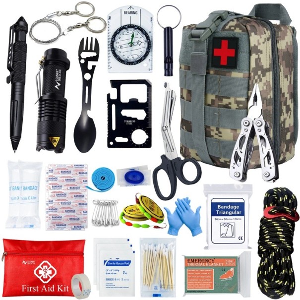 Borsa medica tattica da viaggio completa Zaino sanitario da pronto soccorso set da 24 pezzi Zaino impermeabile con elementi riflettenti outdoor mimetico