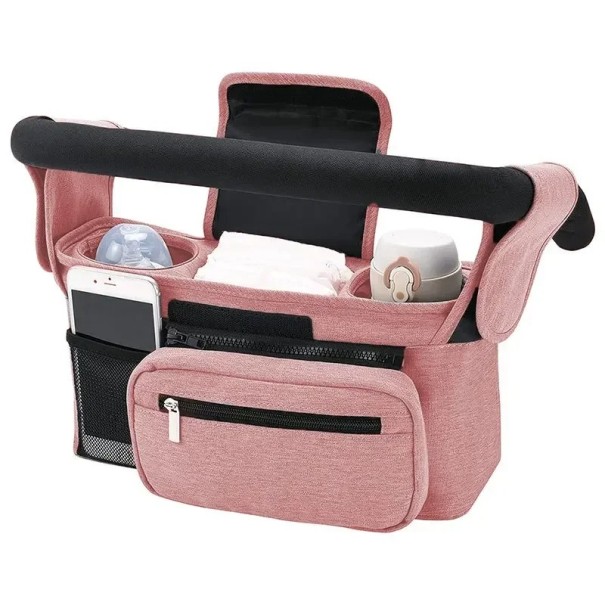 Borsa per passeggino con portabottiglie e telefono 33 x 16 x 10 cm Tasca frontale con zip Pochette rimovibile rosa