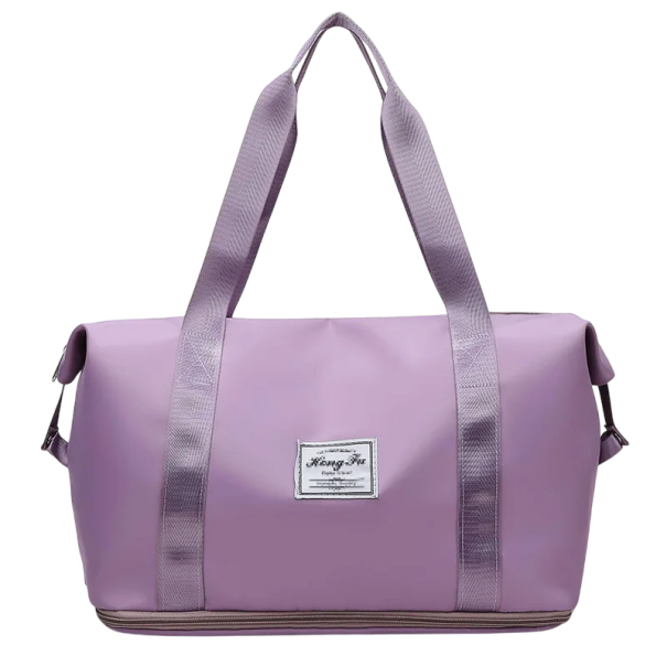 Borsa sportiva da viaggio da donna in nylon resistente con tracolla, manici e attacco per maniglia della valigia viola chiaro
