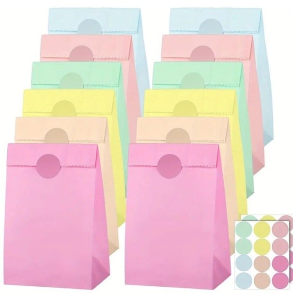 Borse regalo di carta 24 pz 24 x 13 x 8 cm Colori pastello con adesivi 3,5 cm Sacchetti kraft per regali e dolci Vari colori 1