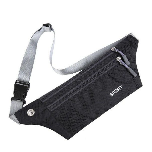 Borsetă sport pentru alergare, neagră, din material Oxford impermeabil, 33x11 cm, cu curea reglabilă și două buzunare cu fermoar 1