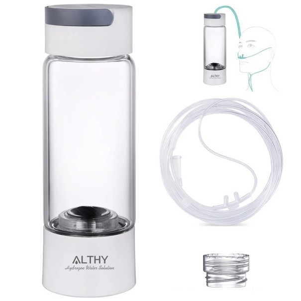 Botella generadora de agua, recipiente de vidrio con alto contenido de hidrógeno, 380 ml, botella de agua rica en hidrógeno con doble cámara, dispositivo de inhalación ionizador, 21 x 7 cm 1