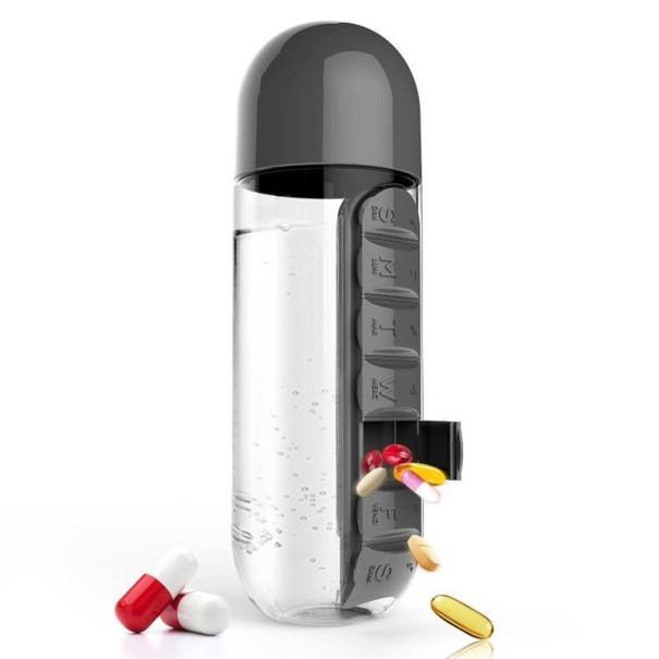 Botella para beber y dispensador de medicamentos 2 en 1 negro