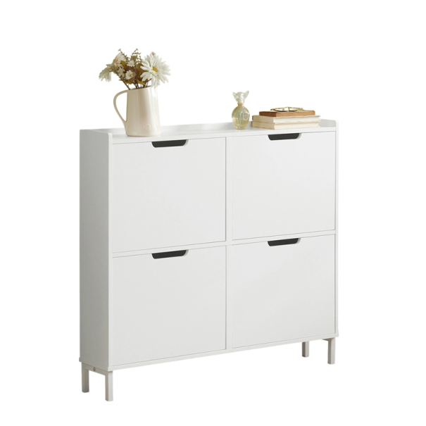 Botnicul pentru încălțăminte cu 4 uși rabatabile și 8 rafturi 100 x 90 x 19 cm, comoda spațioasă pentru antreu sau hol cu o capacitate de 60 kg pe picioare metalice alb