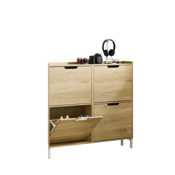 Botnicul pentru încălțăminte cu 4 uși rabatabile și 8 rafturi 100 x 90 x 19 cm, comoda spațioasă pentru antreu sau hol cu o capacitate de 60 kg pe picioare metalice cafea