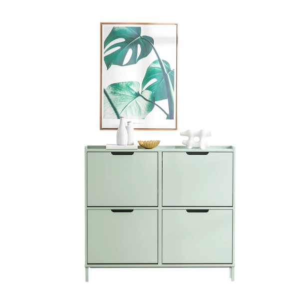 Botnicul pentru încălțăminte cu 4 uși rabatabile și 8 rafturi 100 x 90 x 19 cm, comoda spațioasă pentru antreu sau hol cu o capacitate de 60 kg pe picioare metalice verde deschis