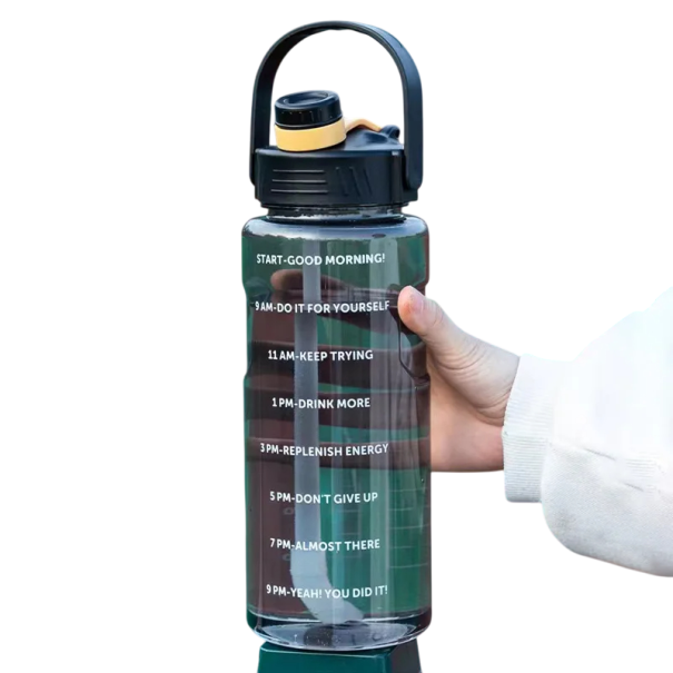 Bottiglia sportiva ad alta capacità da 2 l con cannuccia Indicatore di tempo Bottiglia fitness motivazionale BPA free Bottiglia da bere con manico e tracolla nero