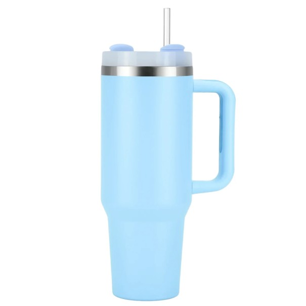 Bottiglia termica con cannuccia e manico 1200 ml Acciaio inossidabile Bottiglia termica a doppia parete Mug termico ad alta capacità Manico ergonomico Tappo ermetico Bottiglia isolata azzurro