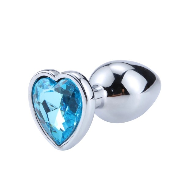 Bouchon anal en métal en forme de cœur taille L 4 x 9 cm ornement luxueux avec cristal emballage discret bleu clair