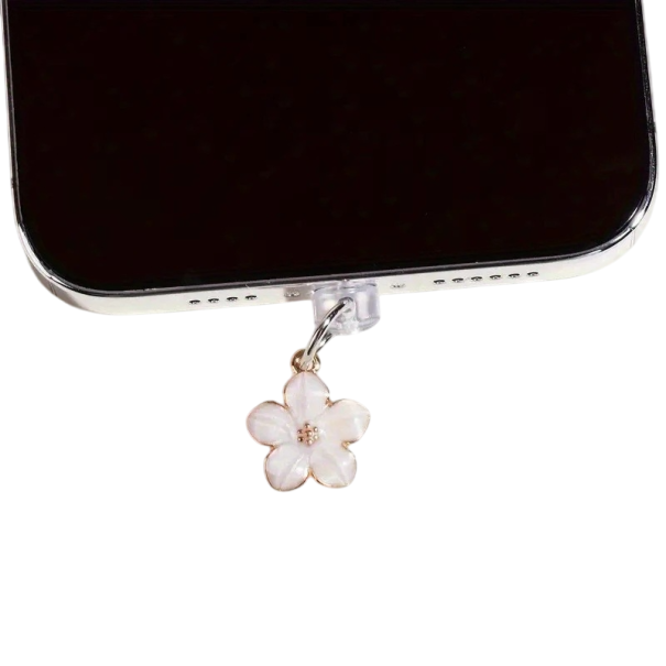 Bouchon anti-poussière pour téléphone 3,3 x 1,5 cm, pendentif fleur, décoration de port de chargement Android, protection anti-poussière, pendentif fleur blanc