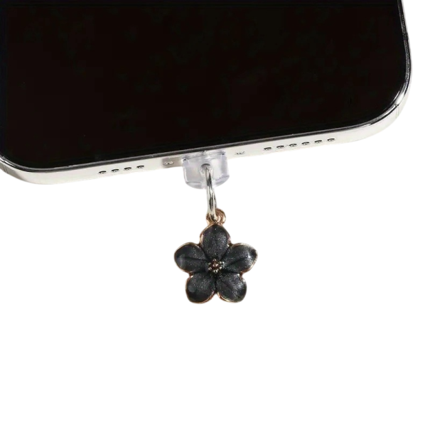 Bouchon anti-poussière pour téléphone 3,3 x 1,5 cm, pendentif fleur pour iPhone, décoration de protection, port de charge, accessoires, pendentif fleur noir