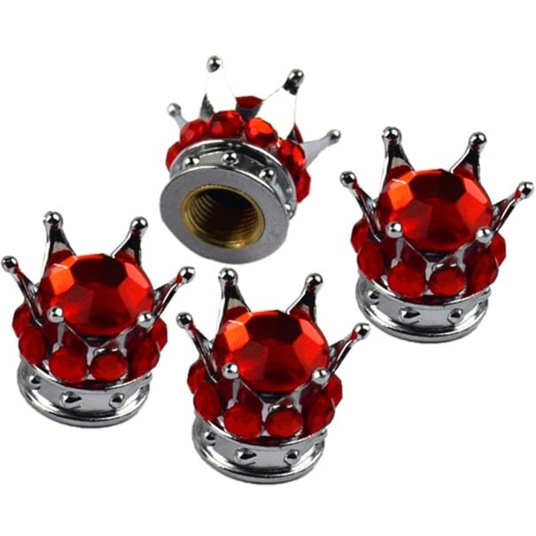 Bouchons de valves de pneus en forme de couronne 4 pcs Pierre rouge et surface argentée brillante Bouchons décoratifs en plastique Dimensions 12,8 x 1