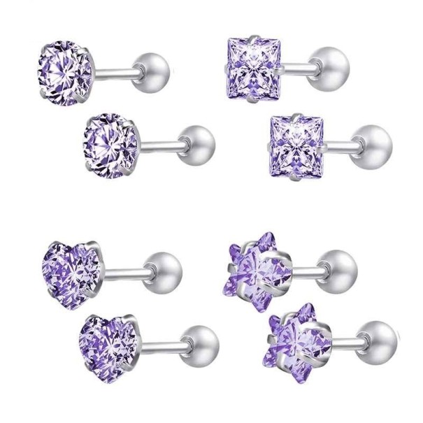 Boucles d'oreilles à clou pour femmes 4 paires violet 8 mm