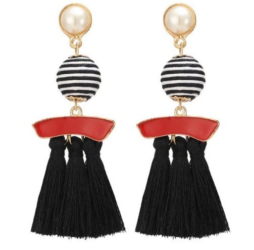 Boucles d'oreilles élégantes avec perle, boule et franges J2515 noir