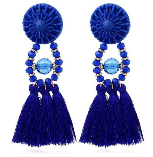 Boucles d'oreilles en perles avec franges J3206 bleu