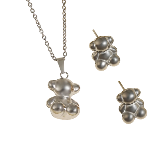 Boucles d'oreilles et collier en style anime ours en acier inoxydable ensemble de bijoux mignon et résistant à la décoloration pour femmes et couples 1