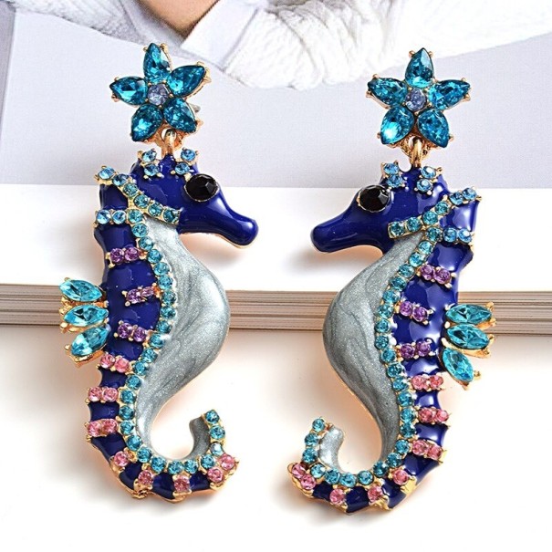 Boucles d'oreilles pendantes en forme de hippocampe pour femmes bleu