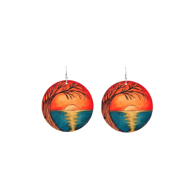 Boucles d'oreilles pendantes rondes avec motif de coucher de soleil 8x6 cm en bois rouge et bleu pour un usage quotidien et comme accessoire 1