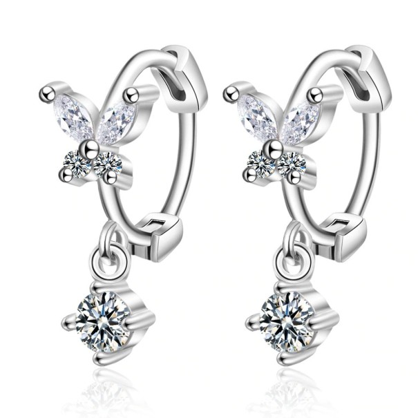 Boucles d'oreilles rondes pour femmes papillon avec strass argenté