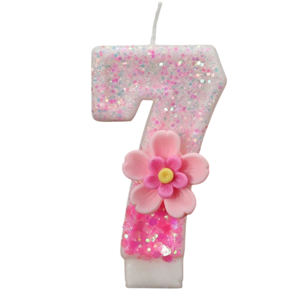 Bougie d'anniversaire en forme de chiffre 7 Bougie rose scintillante avec décoration florale Décoration pour gâteau d'anniversaire bougie de fête 1