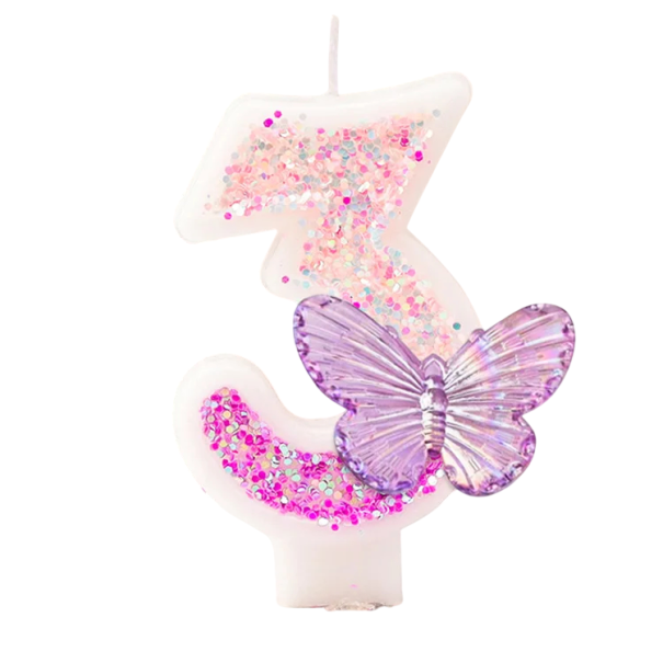 Bougie de gâteau numéro 3 7,5 cm Bougie d'anniversaire rose avec paillettes et papillon Bougie décorative en paraffine pour gâteau 1