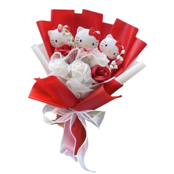 Bouquet de fleurs artificielles Figurines en vinyle de chats dessinés Décoration mignonne Cadeau pour la Saint-Valentin Anniversaire Décoration stylée Intérieur rouge
