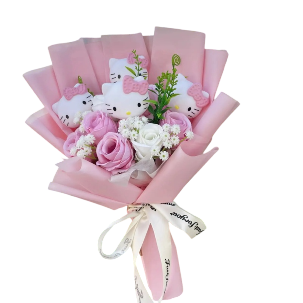 Bouquet of Artificial Flowers with Vinyl Cartoon Cat Figures Cute Decoration Gift for Valentine's Day Birthdays Stylish Interior Decor pink