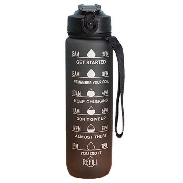 Bouteille motivante d'eau 1 l Bouteille d'hydratation sportive avec repères horaires Bouteille de fitness transparente à boire et avec un couvercle étanche noir