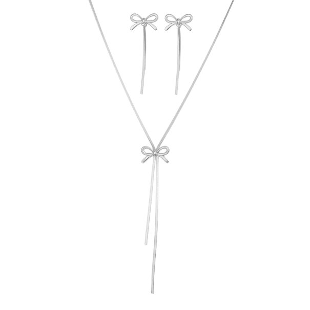 Bow Stainless Steel Necklace 47+5 cm and Earrings 6.4 cm French Atmosphere Delicate Bow Women's Jewellery Set silver