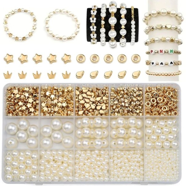Box 10 x 17 cm Set of Acrylic Gold and Pearl Beads 1240 pcs Various Shapes and Sizes Beads for Jewellery Making Bracelets Necklaces 1