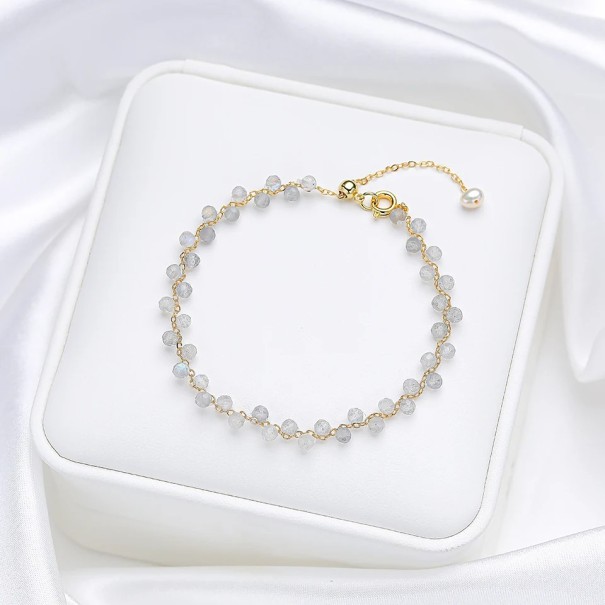 Bracciale con labradorite da donna con perline grigie sfaccettate catena dorata 16 - 20 x 3 mm pietra con perla decorativa regolabile 1