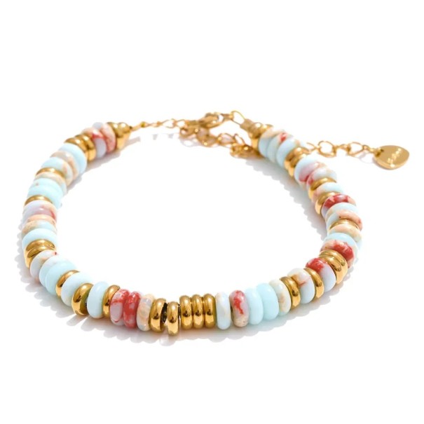 Bracciale in pietra naturale 17 cm + 6 cm di allungamento perline in acciaio inossidabile color oro con catena regolabile unisex bianco