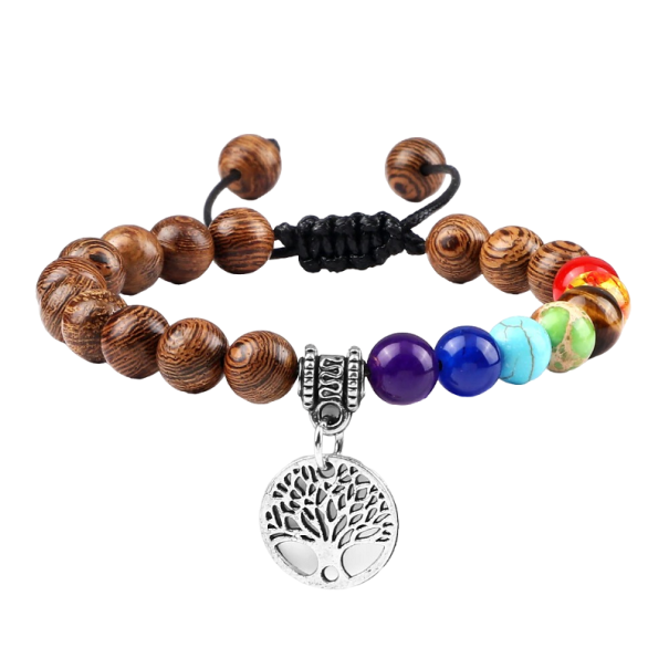 Bracelet ajustable des sept chakras avec des perles en bois argenté