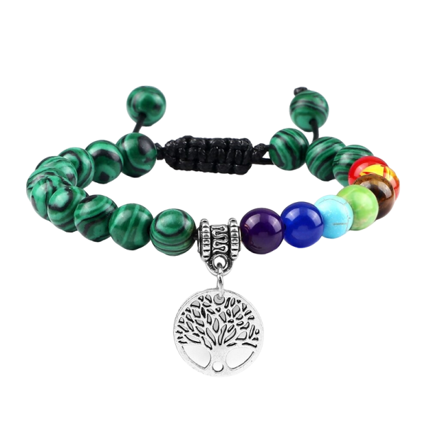 Bracelet ajustable des sept chakras avec pierre de malachite argenté