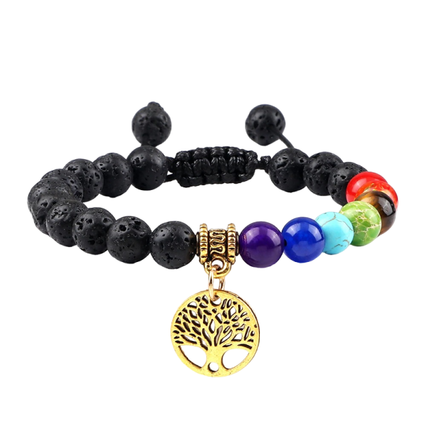 Bracelet ajustable des sept chakras en pierre de lave doré