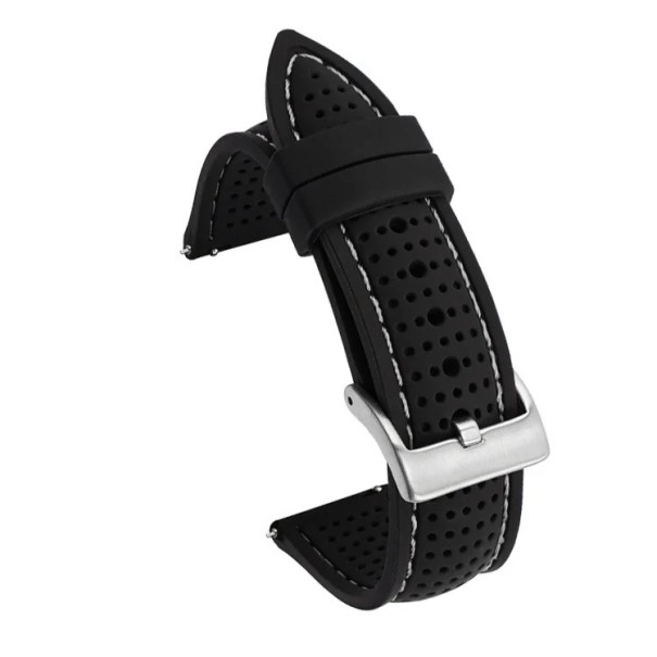 Bracelet de montre 22 mm en silicone souple, caoutchouc sportif, étanche, respirant, avec système de fixation rapide et boucle argentée pour la plupart des montres plates noir-blanc
