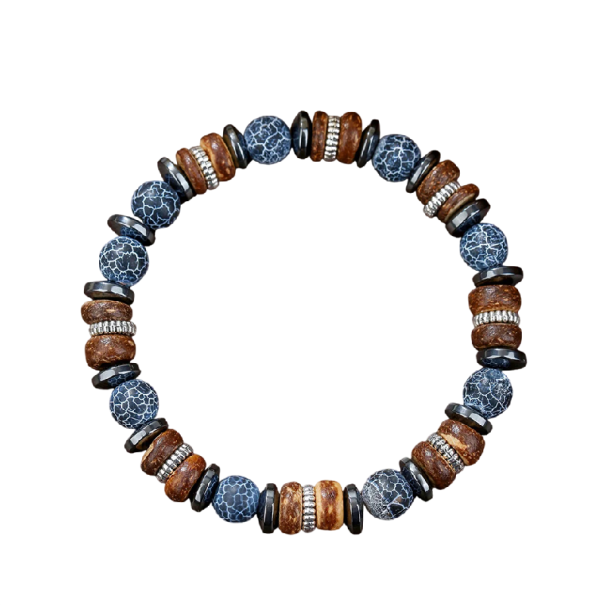 Bracelet en bois pour homme avec des perles rondes et plates, diamètre 17 cm, bois bleu marron, à porter au quotidien 1