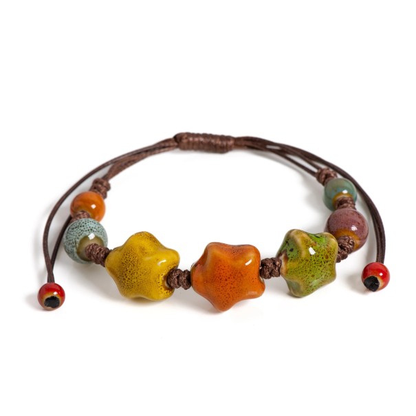 Bracelet en céramique émaillé fait main unisexe avec étoile, cordon réglable de 12 à 24 cm, taille de la perle étoile 1,6 cm mélange