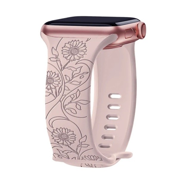 Bracelet gravé floral 42 44 45 46 49 mm pour Apple Watch Series 1–10 SE SE2 Ultra Bracelet en silicone avec motif de grandes tournesols rose